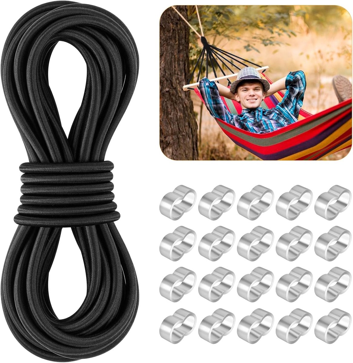 SnelShoppen - Expandertouw Zwart 8mm 10m - Rubber Bungee Cord met 20 M9 Aluminium Crimpsluiting voor Aanhangwagenzeil, DIY Knutselen, Naaien, Bagage,