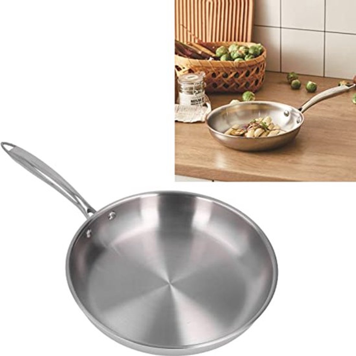 Ergonomische roestvrijstalen pan 3-laags pan gemaakt van ongecoate verdikte roestvrijstalen voor koken 28 cm