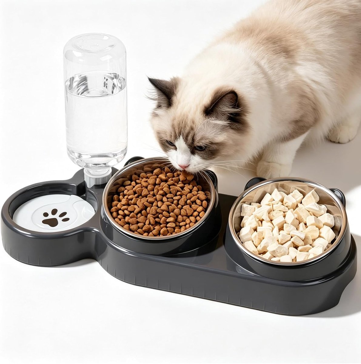 Thijox - 3-in-1 kattenbak verhoogd met waterdispenser, set van 3 voer- en waterbakken, 15 graden kantelbaar, roestvrij staal, voor katten en kleine ho