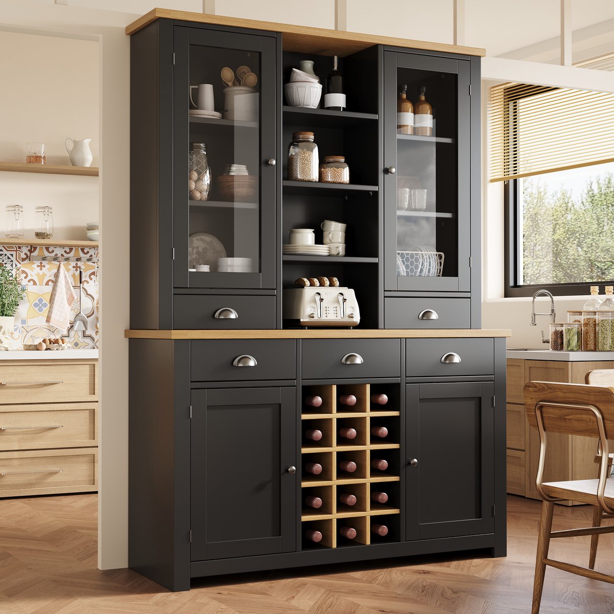 Wishdor Buffetkast - met glasdeur, 5 lades en uitneembaar wijnrek - industrieel - voor keuken, eetkamer of hal - bewerkt hout en glas - zwart - 120 x 40 x 185 cm