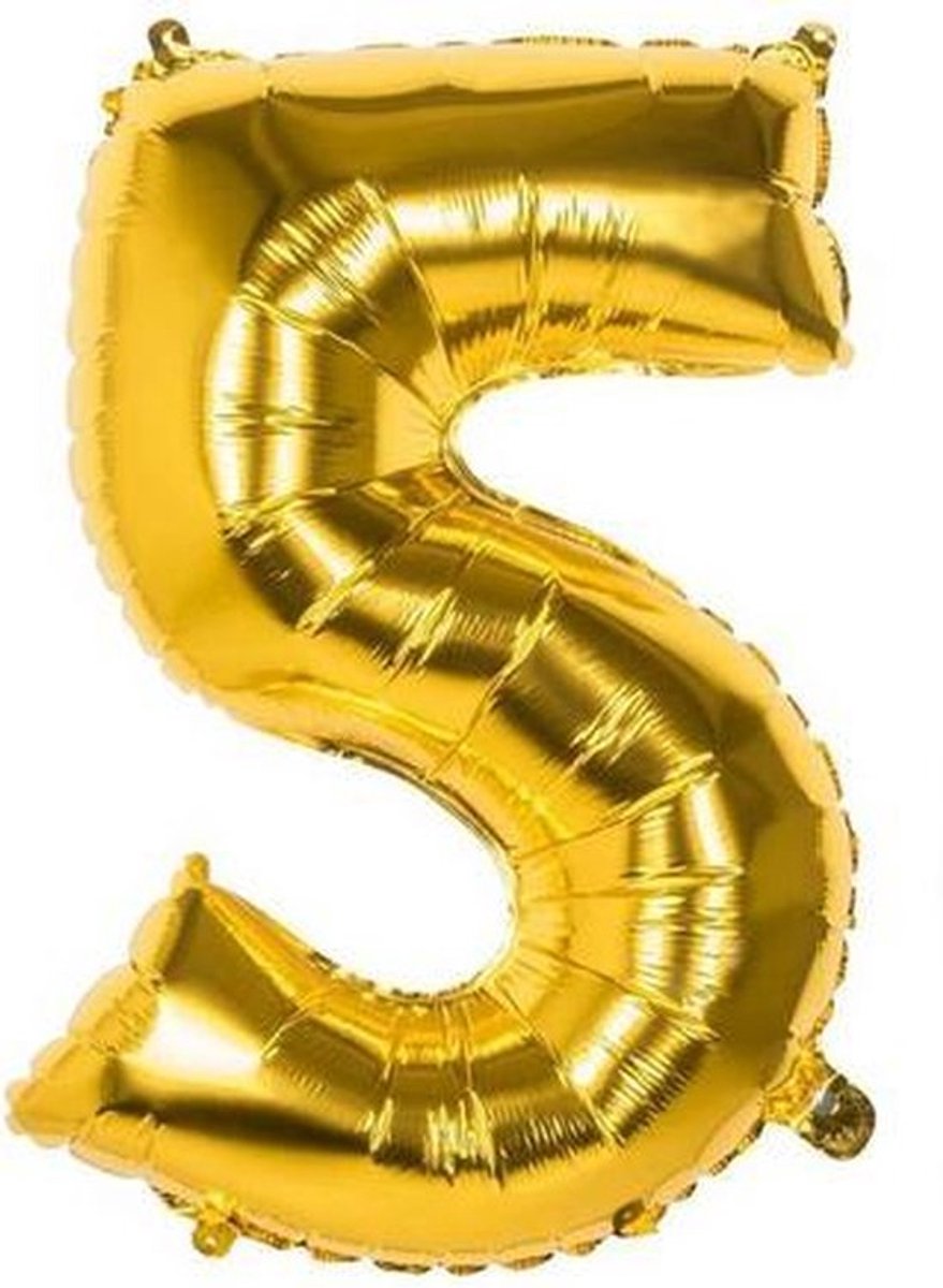 5 Jaar Folie Ballonnen Goud - Happy Birthday - Foil Balloon - Versiering - Verjaardag - Jongen / Meisje - Feest - Inclusief Opblaas Stokje & Clip - XXL - 115 cm