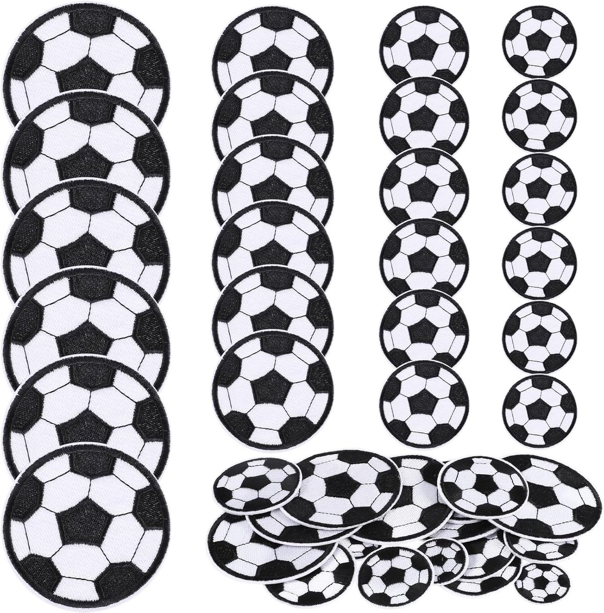 SnelShoppen - 24 Stuks Voetbal Patches voor Kinderen - Geborduurde Strijkpatches in 4 Maten, Zwart/Wit, Ideaal voor Kleding, T-shirts, Jeans, Jassen,