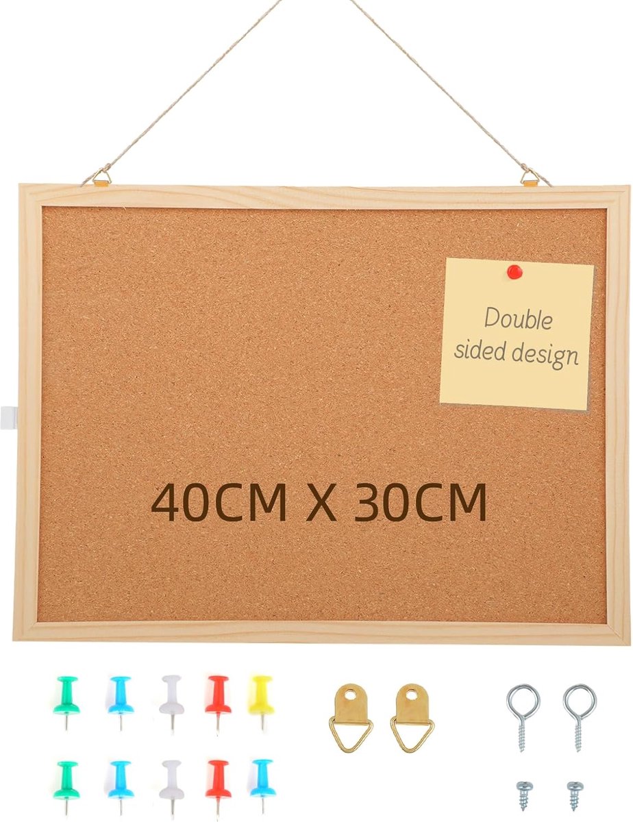 Thijox - Kurkbord 40 x 30 cm met Houten Frame en 5 Spelden, Ideaal Notitiebord voor Kantoor, School, Slaapkamer en Thuis, Hoogwaardige Kurkwand, Prakt