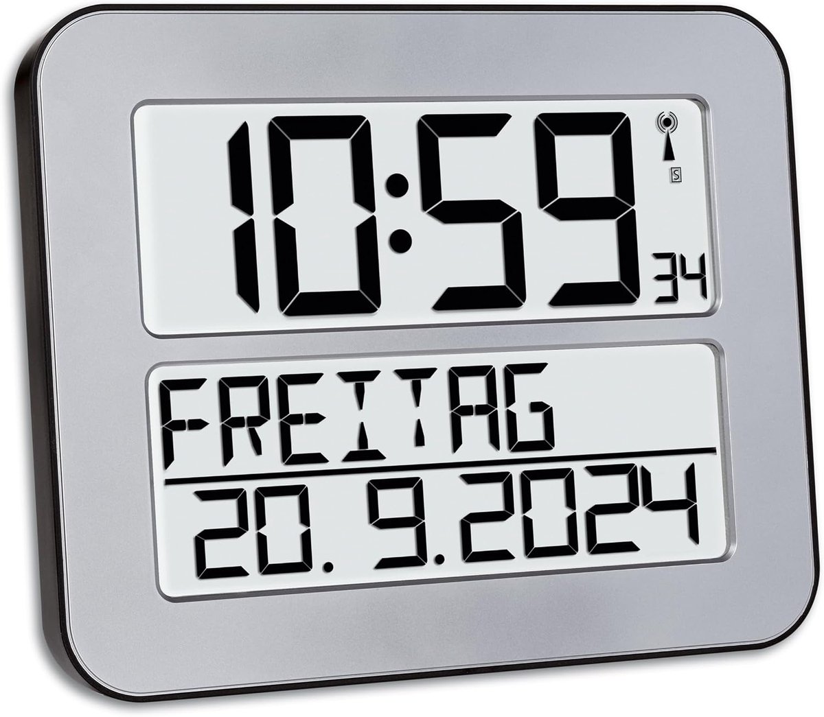 SnelShoppen - Digitale Wandklok met Radio - Tijd, Datum en Weekdag - Perfect voor Senioren - Groot Display, Helder Zilver - (L) 258 x (W) 30 x (H) 212