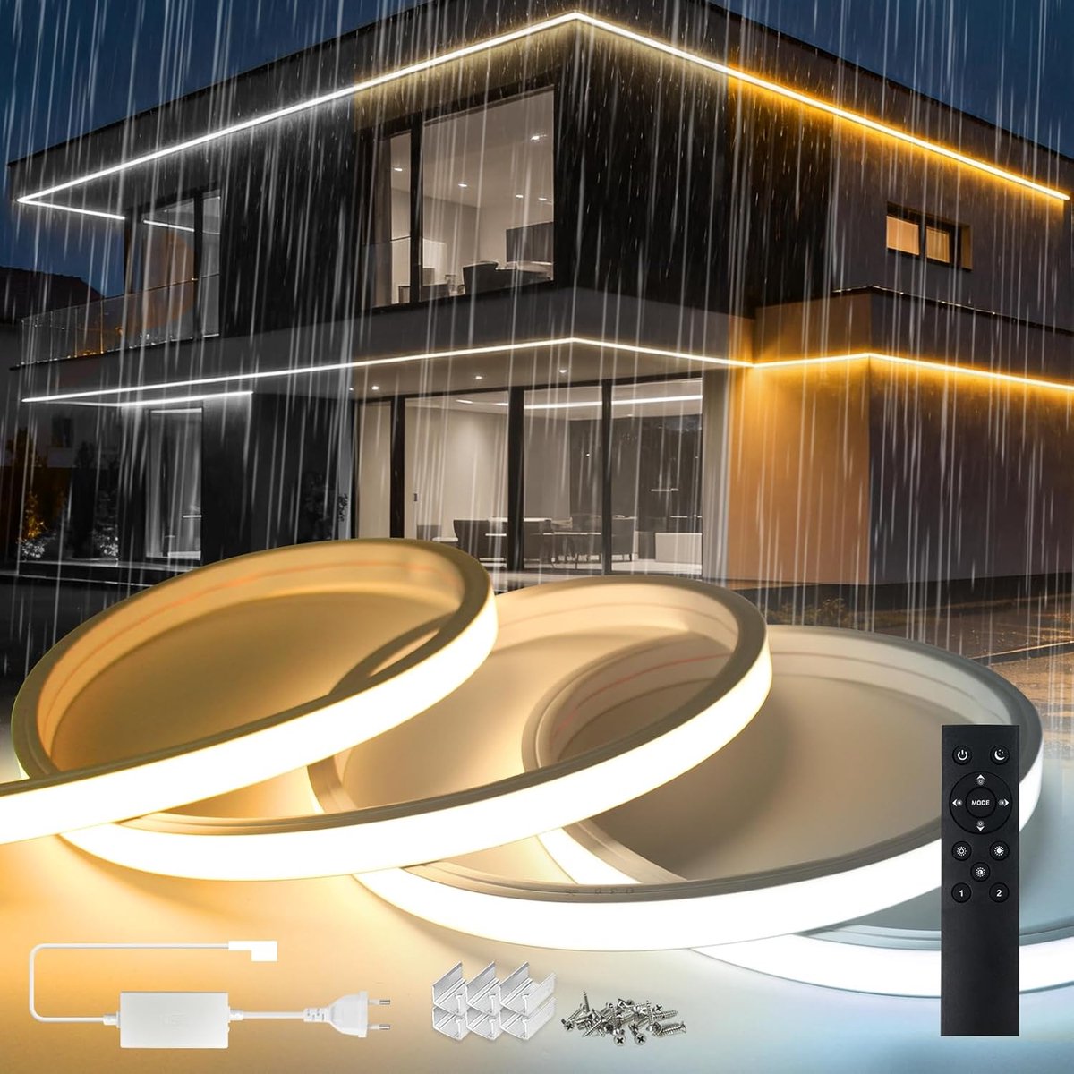 SnelShoppen - 10m Dimmable Neon LED Strip 230V met Afstandsbediening - Warm Wit 3000K tot Koud Wit 6500K - Silicone Waterdicht IP65 - Flexibele Buiten