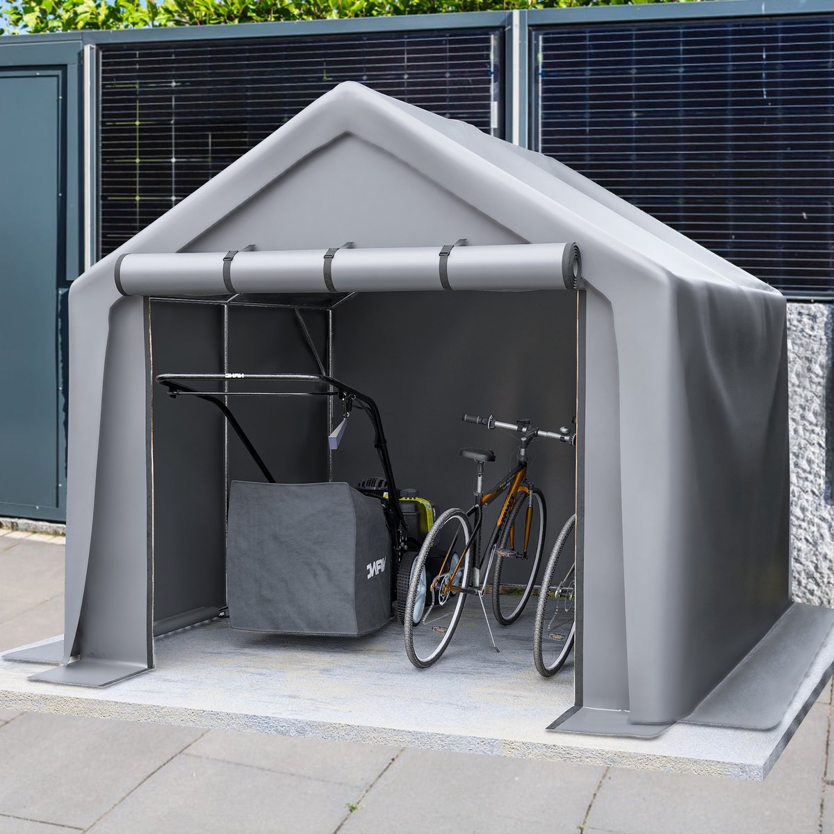 MODENUIT Opslagtent – 244 x 241 x 217 cm – Roldeur – Staal en Polyetheen – Donkergrijs – Buiten