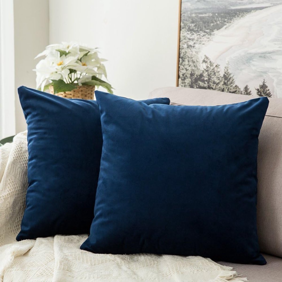 SnelShoppen - Set van 2 Decoratieve Kussenhoezen 60x60 cm, Donkerblauw met Verborgen Ritssluiting, Perfect voor Woonkamer, Slaapkamer en Tuin