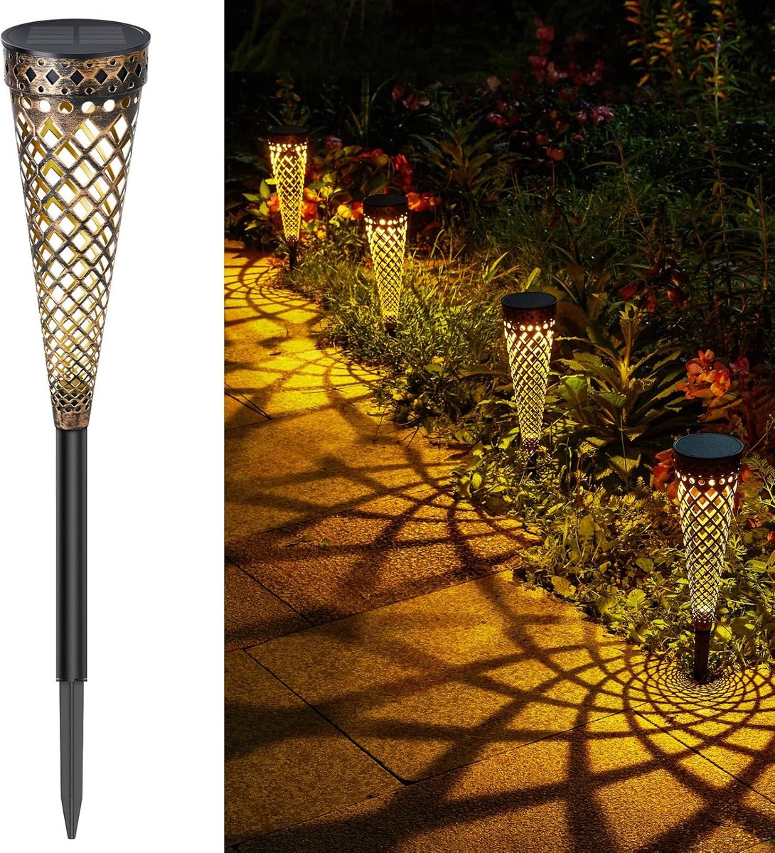 SnelShoppen - 4 Stuks Solar Tuinlampen Buiten met Hot/White LED, 800mAh, IP65 Weerbestendig, Vintage Messing Look, Decoratieve Tuinverlichting voor Ba