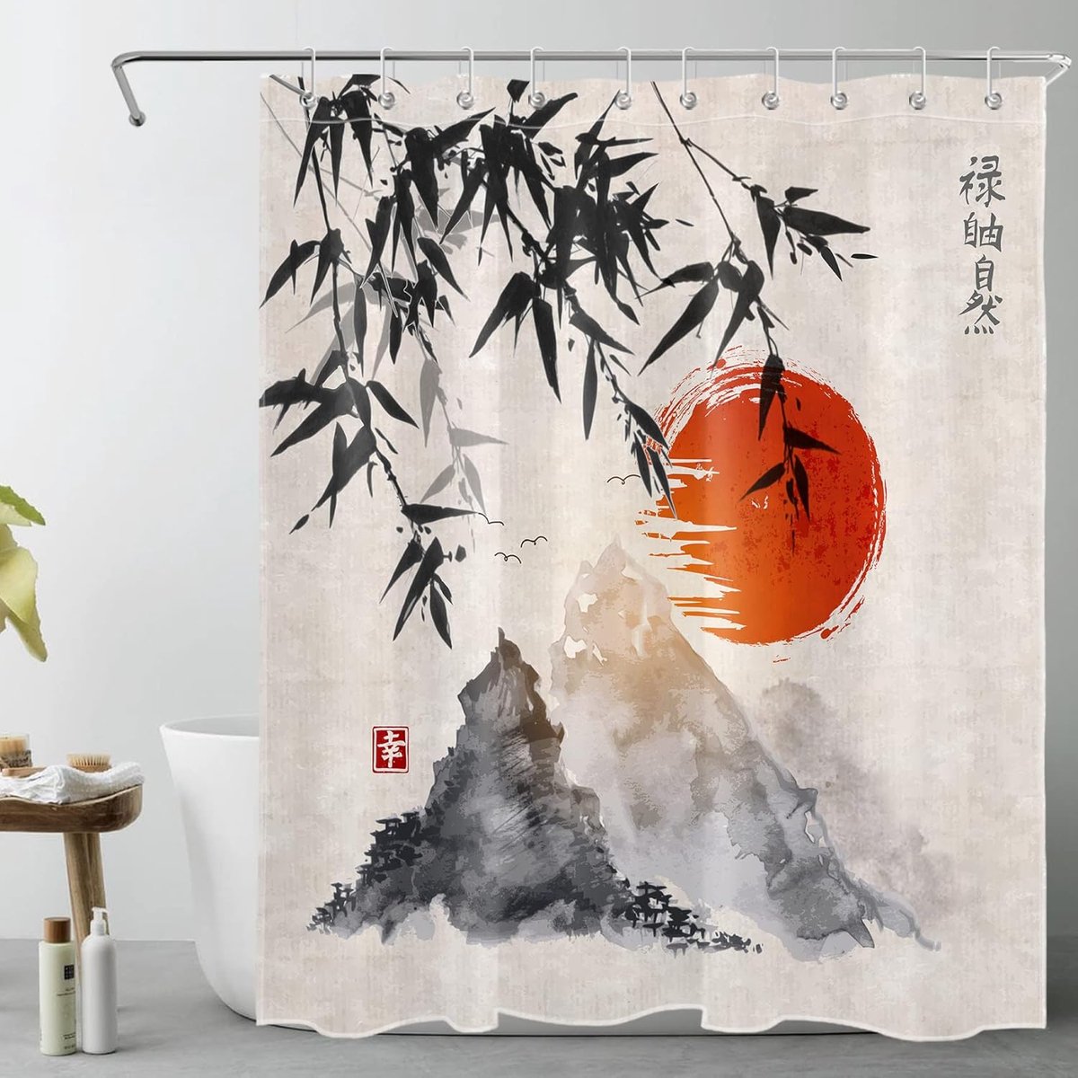 SnelShoppen - Douchegordijn Japanse Berg en Zwarte Bamboe Waterdicht Anti-Schimmel Wasbaar 150x180cm Met Haakjes Voor Badkamer Decoratie