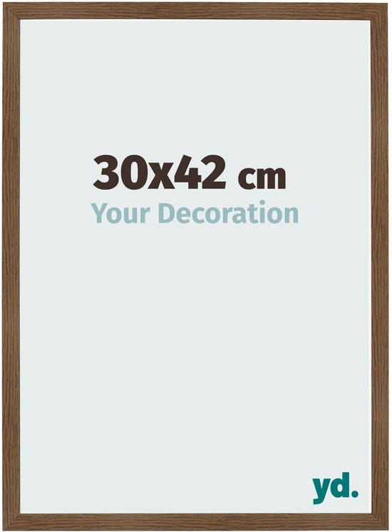 Houten fotolijst in eiken rustiek-look met tekst '30x42 cm Your Decoration' en 'yd.' logo.