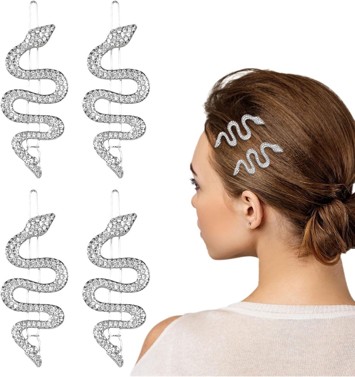 Thijox - Slangenhaarspelden Zilver Vintage Glitter Strass Haaraccessoires voor Vrouwen en Meisjes - 4 Stuks - Trendy Haarspeld Clips voor Feest en Dag