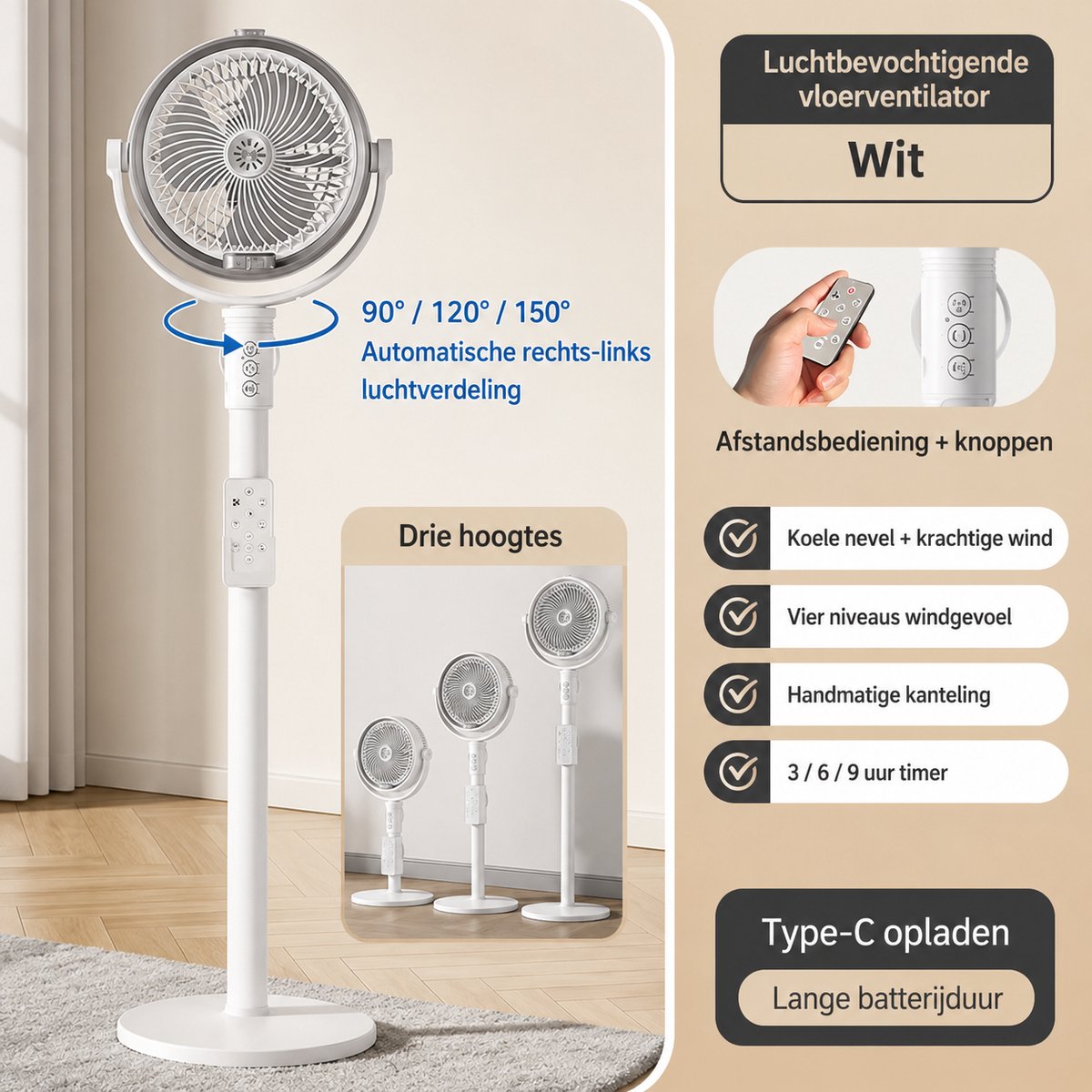 Luchtbevochtigende Statiefventilator met Afstandsbediening - Draadloos Oplaadbaar - 4 Windsnelheden - 3 Hoogtes - Vernevelfunctie - Timer 3/6/9 Uur - USB-C - Wit