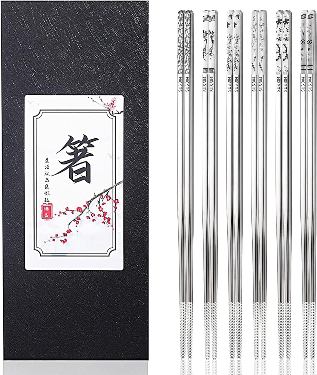 SnelShoppen - 6 Paar Roestvrijstalen Eetstokjes - Herbruikbare Chinese en Japanse Stokjes - Antislip, Vaatwasmachinebestendig - 23,5 cm Zilver voor Az