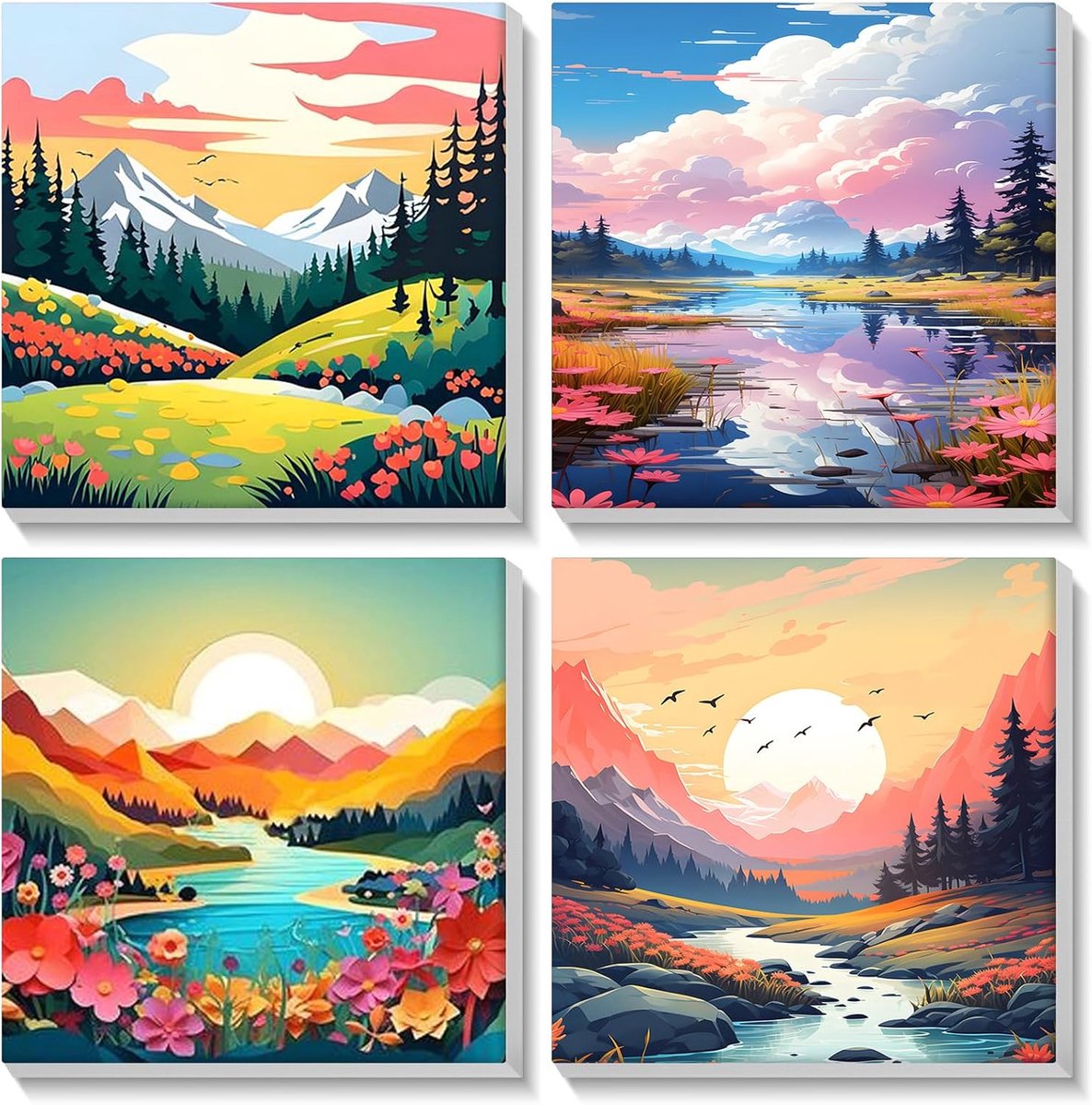 SnelShoppen - 4 Pack Schilderen op Nummer met Lijst, Landschap met Bergen en Rivieren, Handgeschilderde Olieverf Set voor Volwassenen en Kinderen, 20x