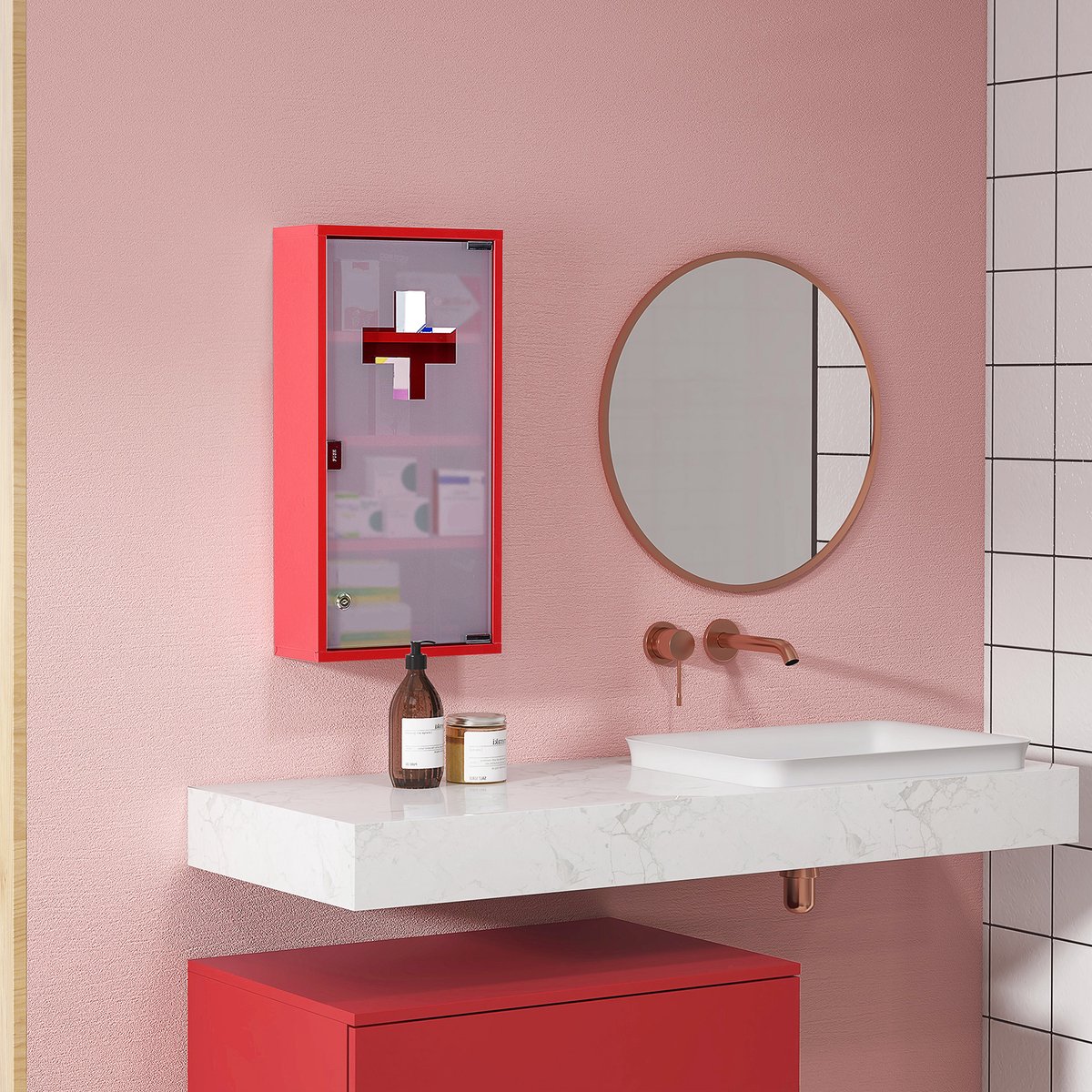 Wishdor - Medicijnkast - met slot en tip-on deur - wandkast voor EHBO en medicatie - modern - thuis en kantoor - staal en veiligheidsglas - rood - 30 x 12 x 60 cm