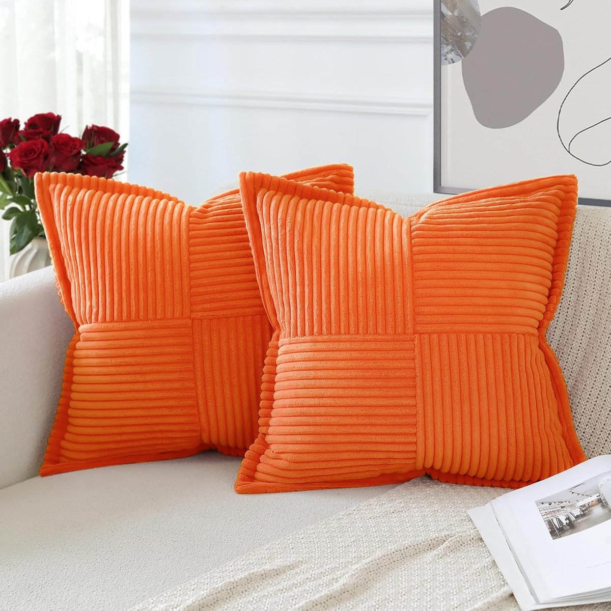 SnelShoppen - Set van 2 Corduroy Kussenhoezen 40x40cm - Moderne Patchwork Decoratieve Kussens - Zachte Textuur voor Sofa, Slaapkamer, Armstoel - Oranj
