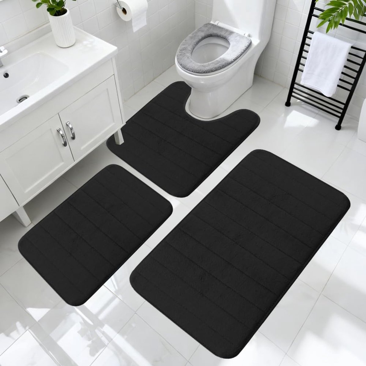 SnelShoppen - 3-delige badkamertapijtenset met traagschuim - Antislip, Wasbare Badmatten voor Badkamer, Douche en Toilet - Luxe Comfort en Modern Desi