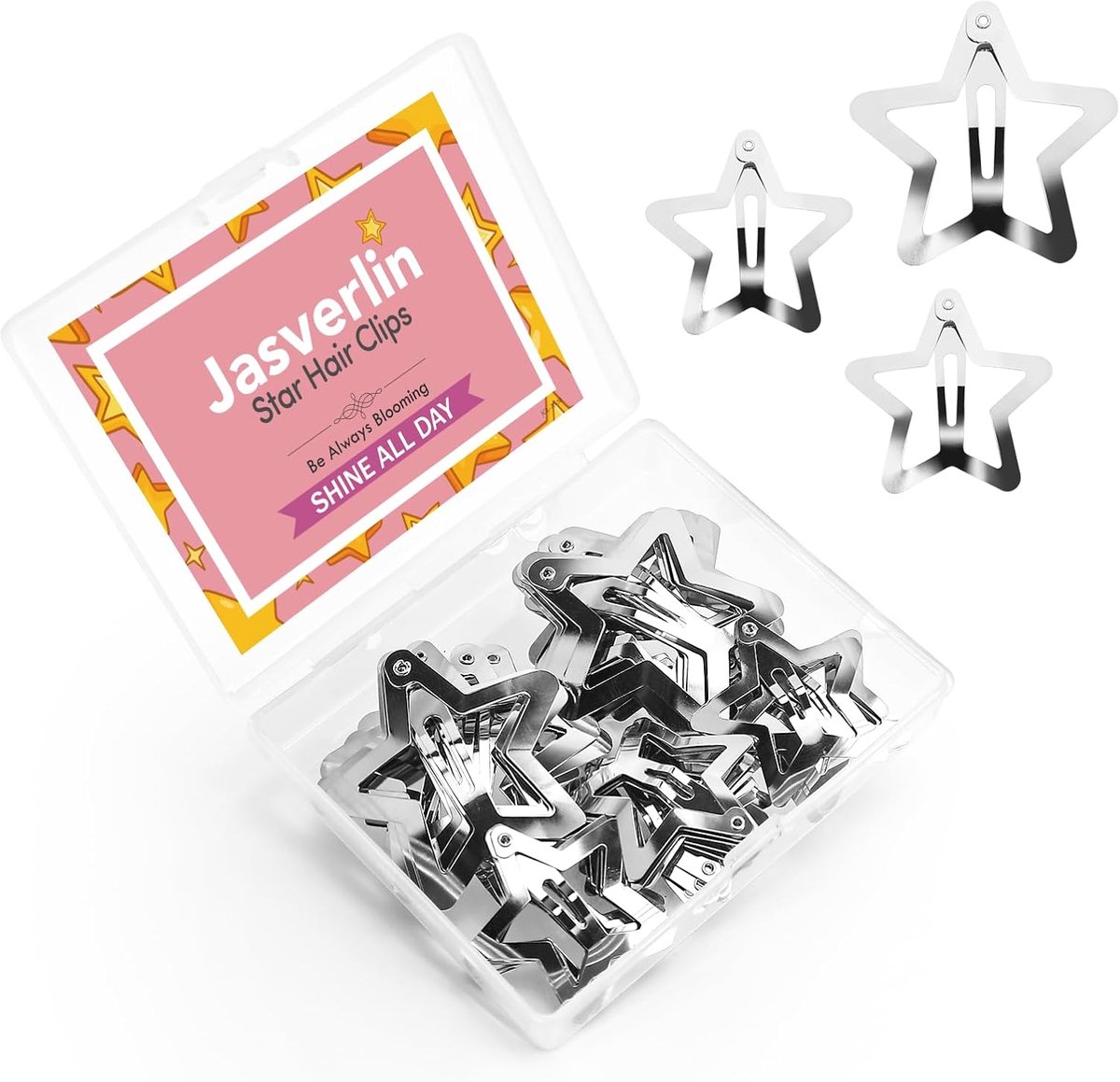 SnelShoppen - 50 Stuks Zilveren Ster Haarspeldjes, Cute Kawaii Snap Clips voor Vrouwen en Tieners, Y2K Festival Accessoires voor Concerten, 31mm en 41