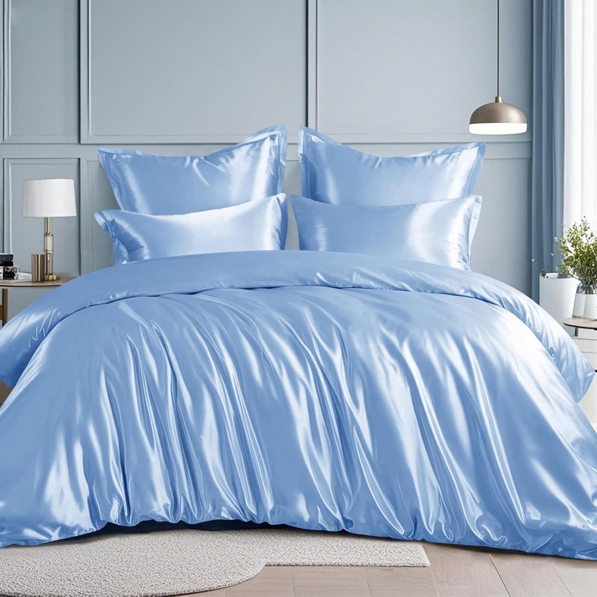 SnelShoppen - Luxe Satin Bedlinnen Set 220 x 240 cm - Lichtblauw Dekbedovertrek met Glans, 3-delig, Inclusief 2 Kussenslopen - Ideaal voor Alle Seizoe
