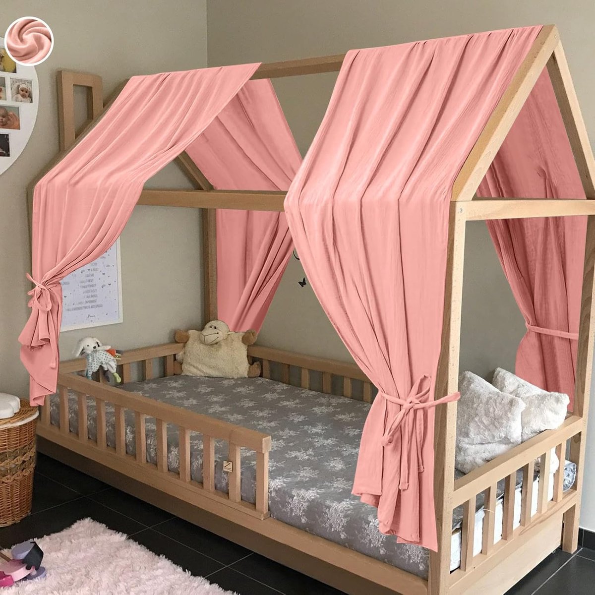 SnelShoppen - Bed Canopy voor Kinderen, 2-delige Decoratieset van 100% Organisch Muslin Katoen, Donkerroze Slaapomgeving voor Jongens en Meisjes
