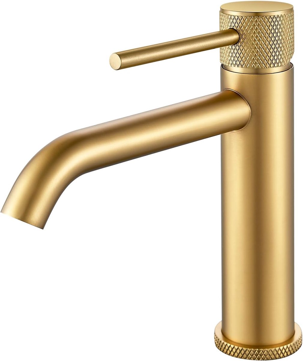 SnelShoppen - Luxe Gouden Badkamerkraan - Mengkraan met Hoge Spout van 105mm - Rvs Kranen voor Wastafel - Modern Design - Perfect voor Badkamer en Toi
