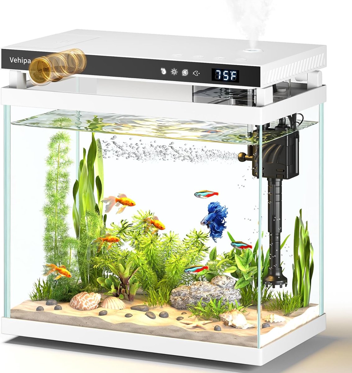 SnelShoppen - 8L Aquarium Set Wit - Complete Starterset met 7-Kleuren LED, Automatische Voerdispenser, Slimme Luchtbevochtiger, Temperatuurweergave en