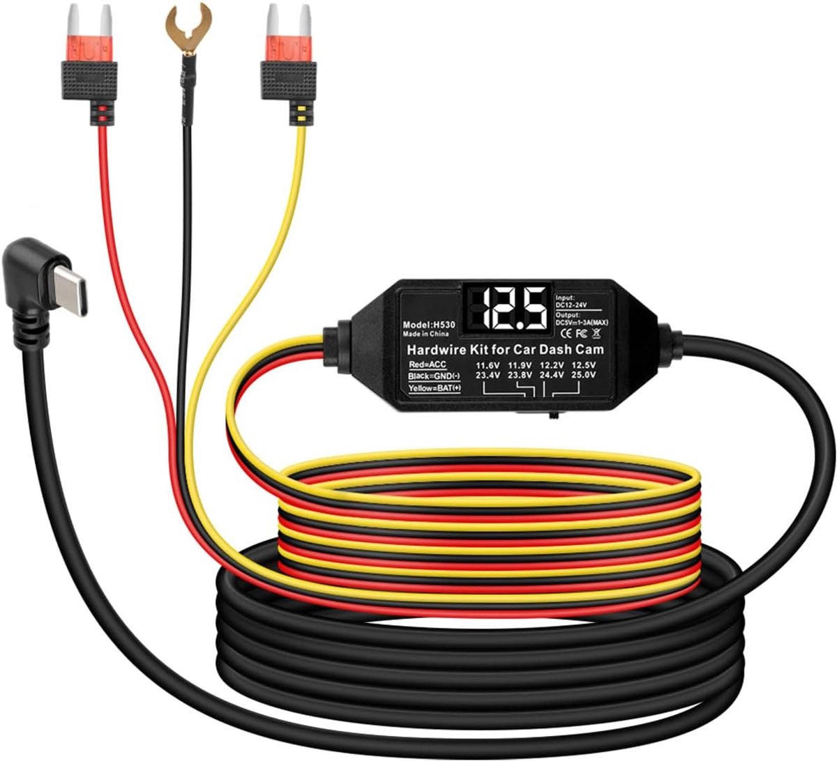 SnelShoppen - USB C Dash Cam Hardwire Kit 12V-24V naar 5V Type C, 11.5FT, 24/7 Parkeerstand met Laagspanning Bescherming voor Dashcam, GPS, Radar Dete