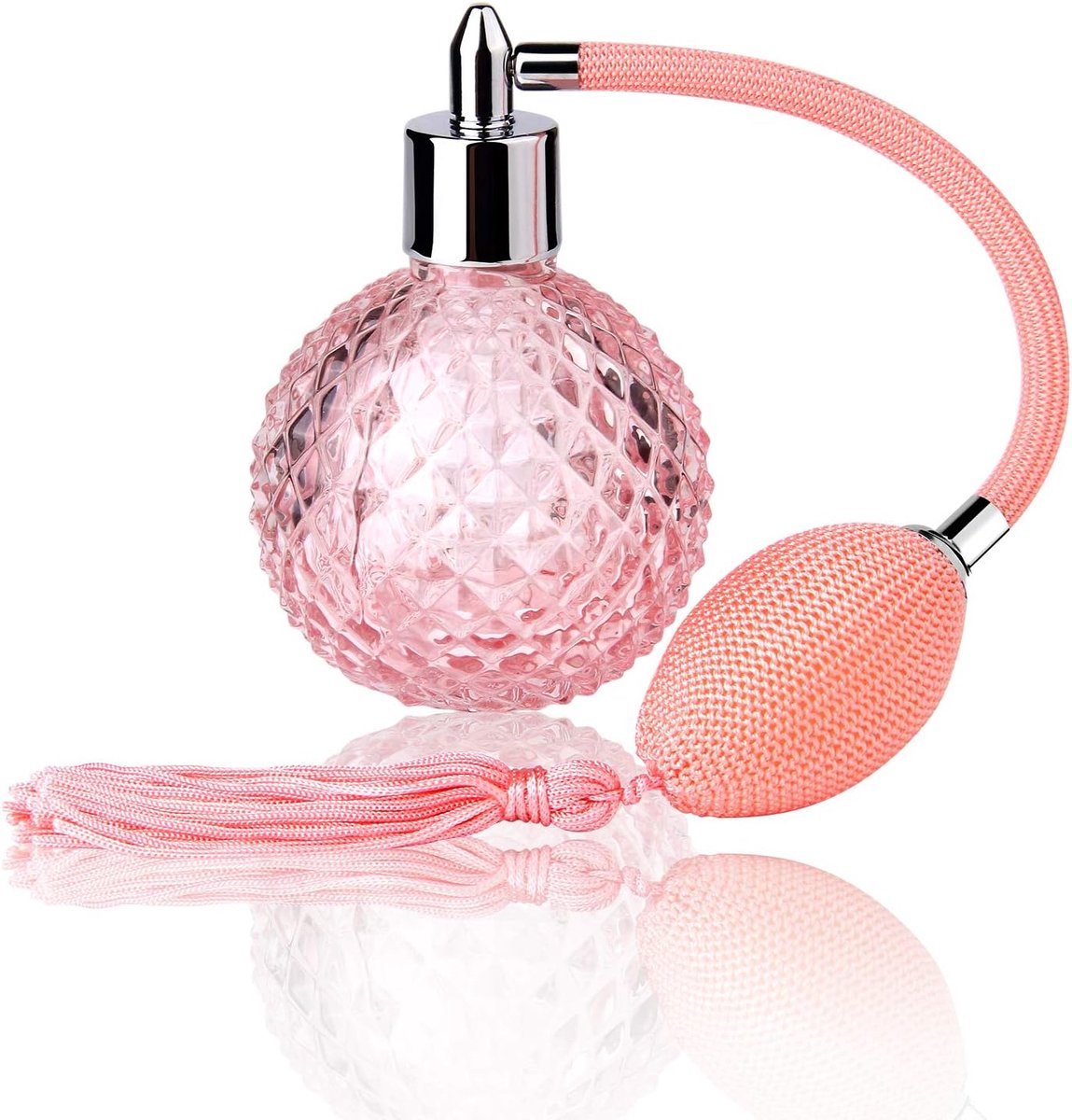 SnelShoppen - Vintage Parfum Spray Flesje 100ml Roze Kristal Glas Met Lange Kwast - Herbruikbare Geur Fles Voor Feest, Cadeau, Luxe Decoratie