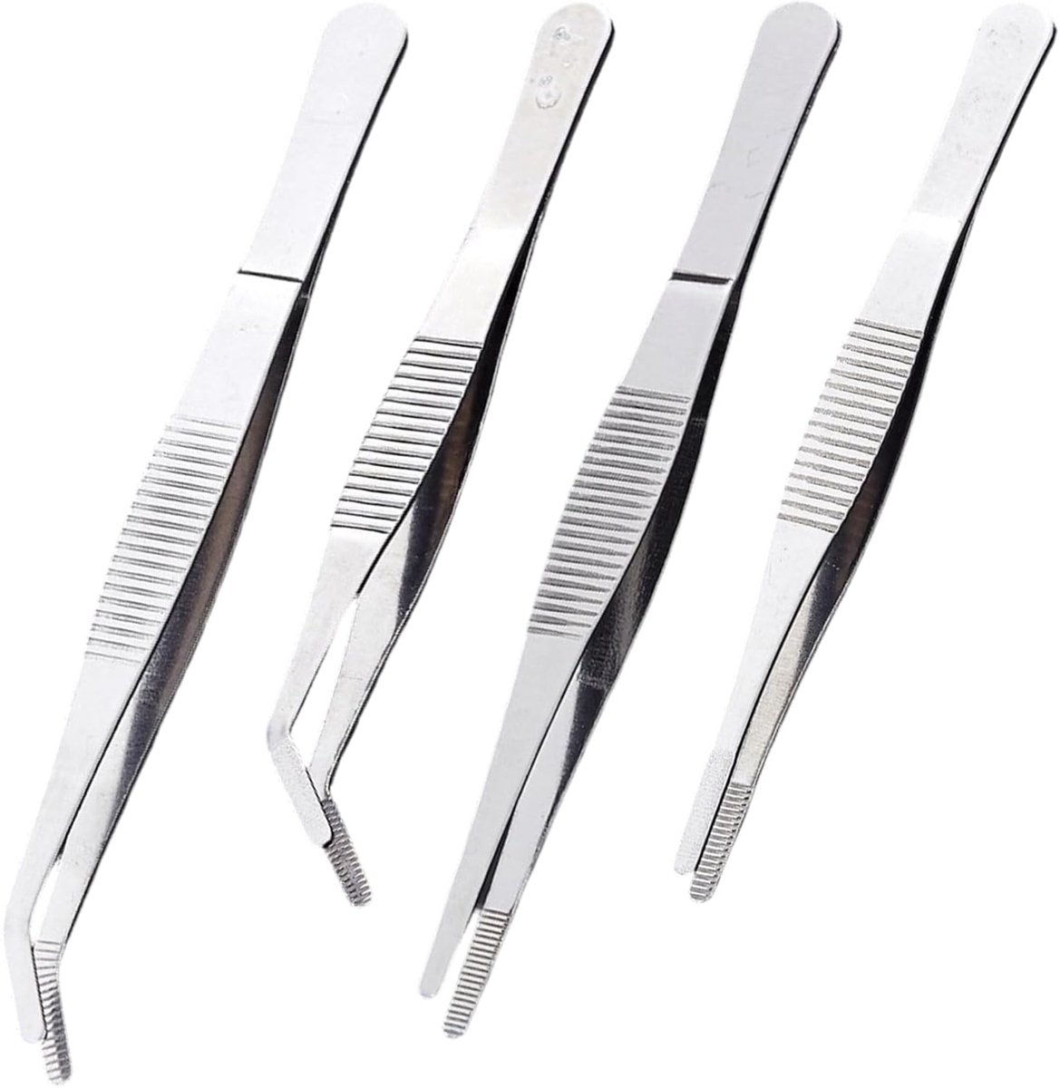 Thijox - Set van 4 Pincetten van Versterkt Roestvrij Staal, Rechte en Gebogen Punt 12,5 cm & 14 cm, Voor Elektronica, Laboratorium, Knutselen, Modelbo