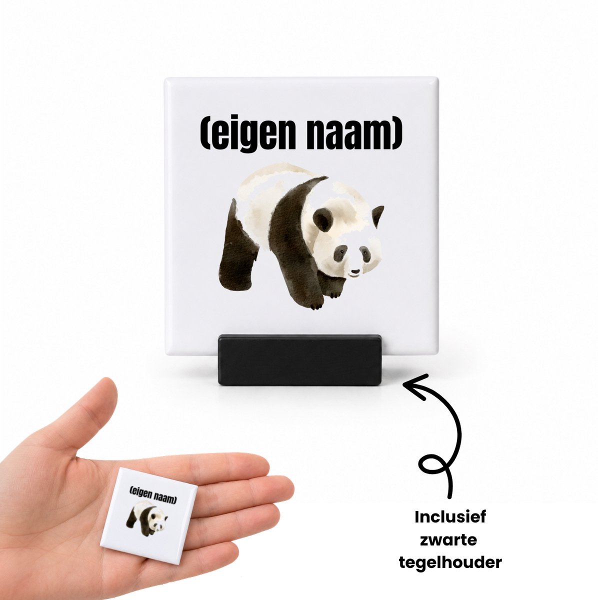 Hacebo panda met eigen naam tegeltje met tegelhouder - Panda - panda liefhebbers - tegeltjes met tekst - iemand die houdt van panda's - verjaardag - cadeau - kado - spreuktegels - 4.8x4.8 CM Wit