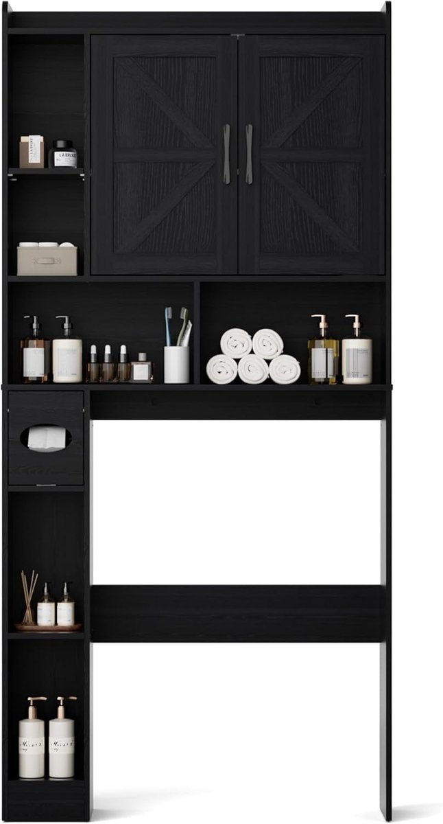 SnelShoppen - BonVache Wasmachinekast met Deuren, 2-deurs, Verstelbare Planken, 7 Open Nissen en Keukenrolhouder voor Badkamer, Toilet en Pantry, Zwar