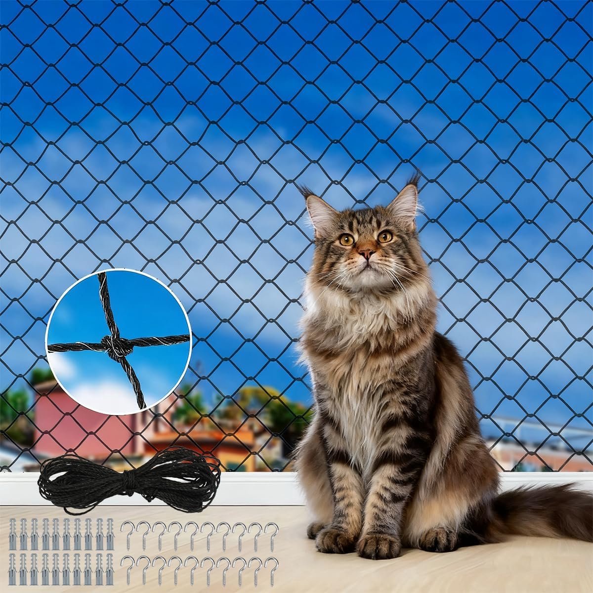 SnelShoppen - Cat Net voor Balkon 6 x 3 m - UV Bestendig en Weerbestendig Kattennet voor Balkon, Raam en Terras - Zonder Boren, Inclusief Bevestigings