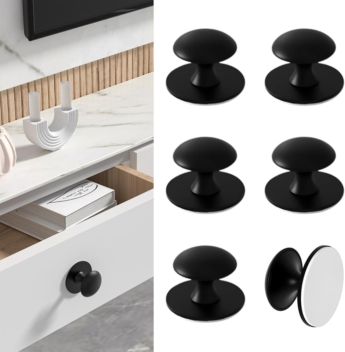 SnelShoppen - Zelfklevende Knoppen voor Meubels, Zwart, RVS Stick Knop voor Kasten, Lades,
