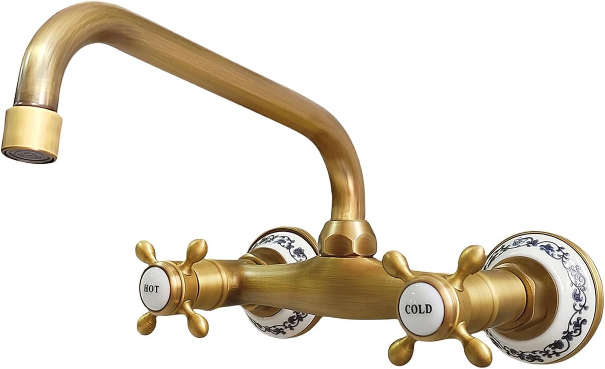 SnelShoppen - Wandgemonteerde Keukenkranen Messing Antiek, Dubbele Hendel Wastafelmengkraan Brons, 360° Draaiende Retro Wastafelmengkraan voor Badkame