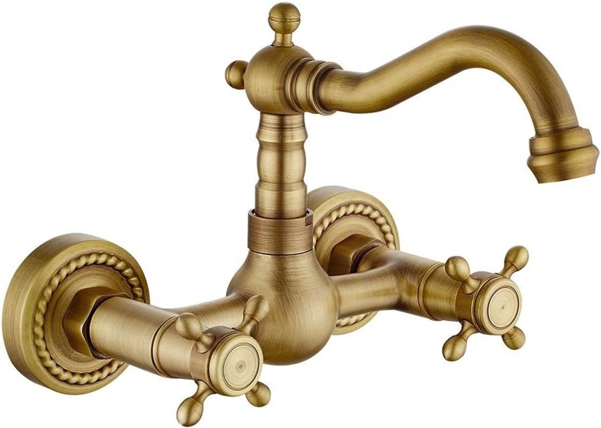 SnelShoppen - Vintage Keukenkraan Draaibaar 360 Graden Wandmontage Messing Warm en Koud Dubbele Handgreep 160mm Inclusief Accessoires