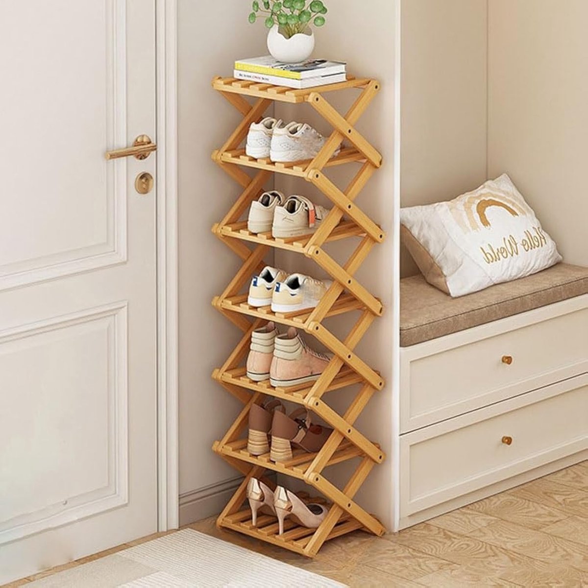 SnelShoppen - Opvouwbare Bamboo Schoenenrek - Smal Houten Schoenopberger - 8 Laags Indoor Organizer voor Hal, Entree - Ruimtebesparend en Stabiel