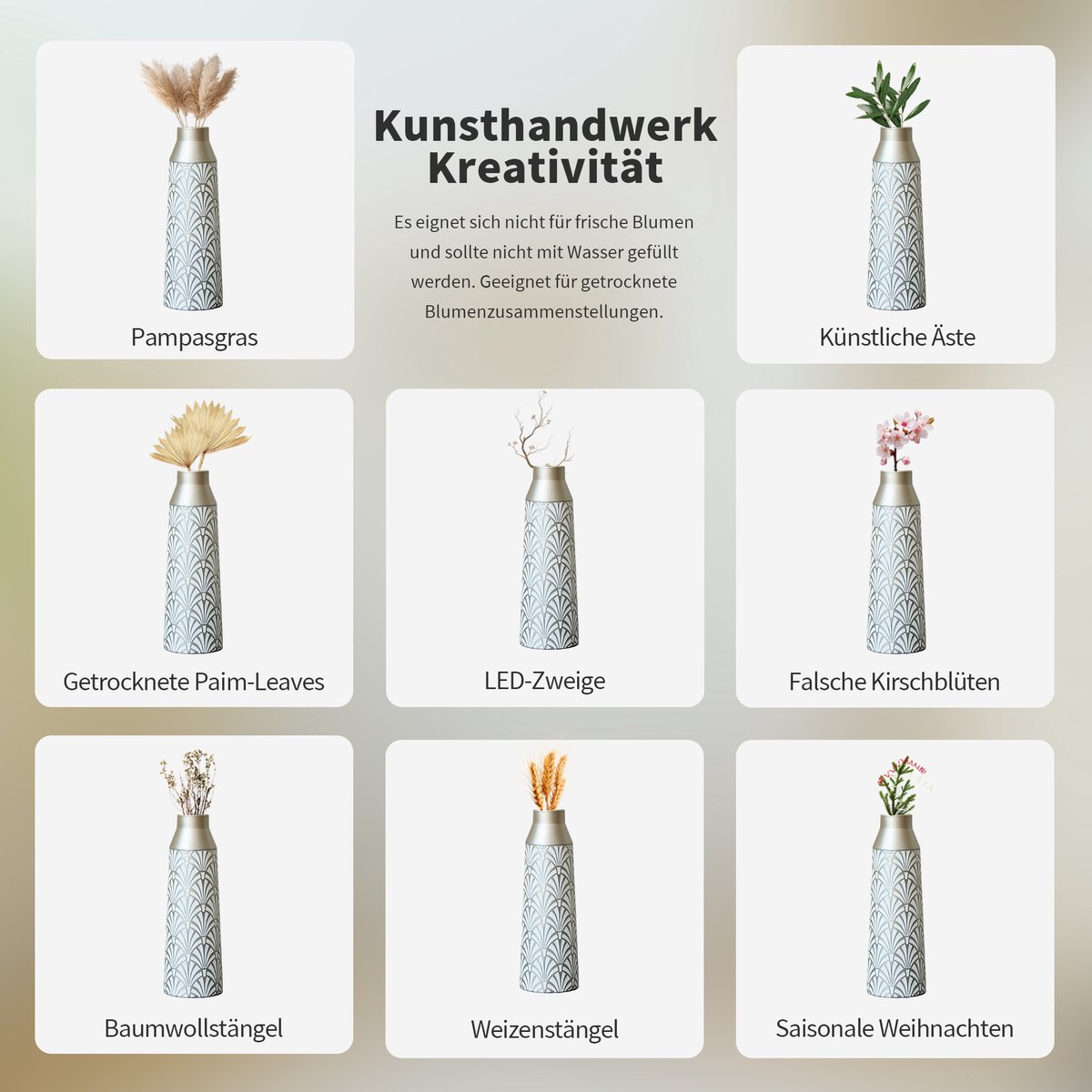 MIVRAY Vloervazen - Set Van 3 Met Waaierreliëf - 43,5 51 61 cm - Metaal - Wit Zilver - Voor Droogbloemen in Woonkamer Hal Entree