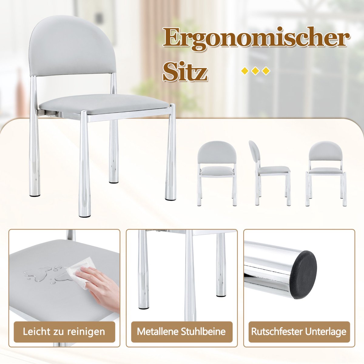 MEUNIQ set van 2 eetkamerstoelen 80 cm hoog met halfronde gestoffeerde rugleuning, lichtgrijs kunstleer en metalen poten, voor eetkamer of keuken