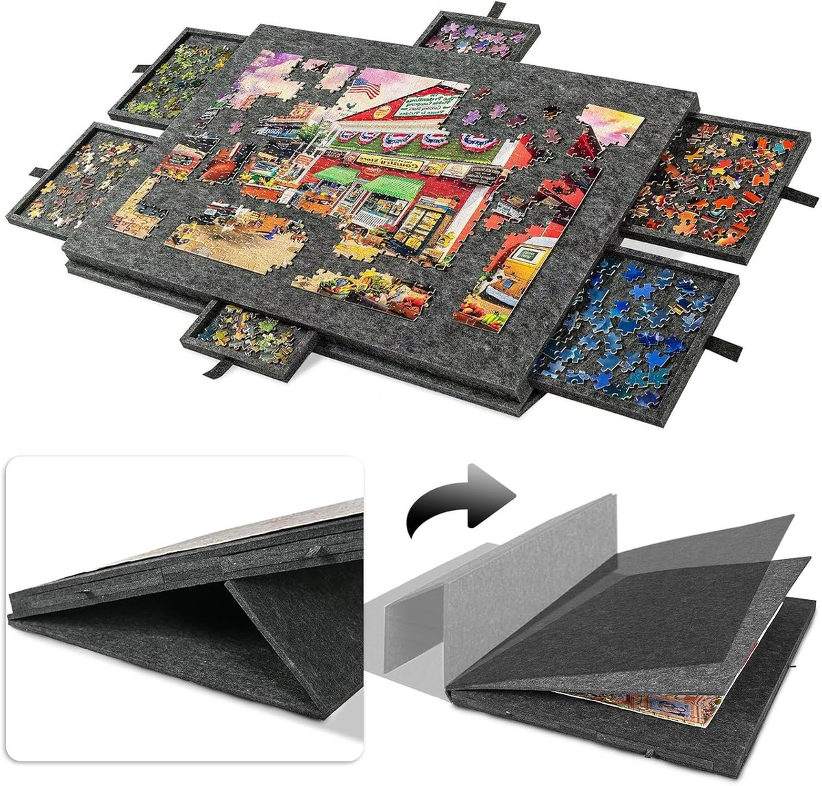 SnelShoppen - Tilting Puzzle Board met 2-in-1 Stand en Deksel, Ultra-Lichte Vilt Puzzeltafel, Draagbare Puzzeltafel met 6 Lades voor Puzzels tot 1000