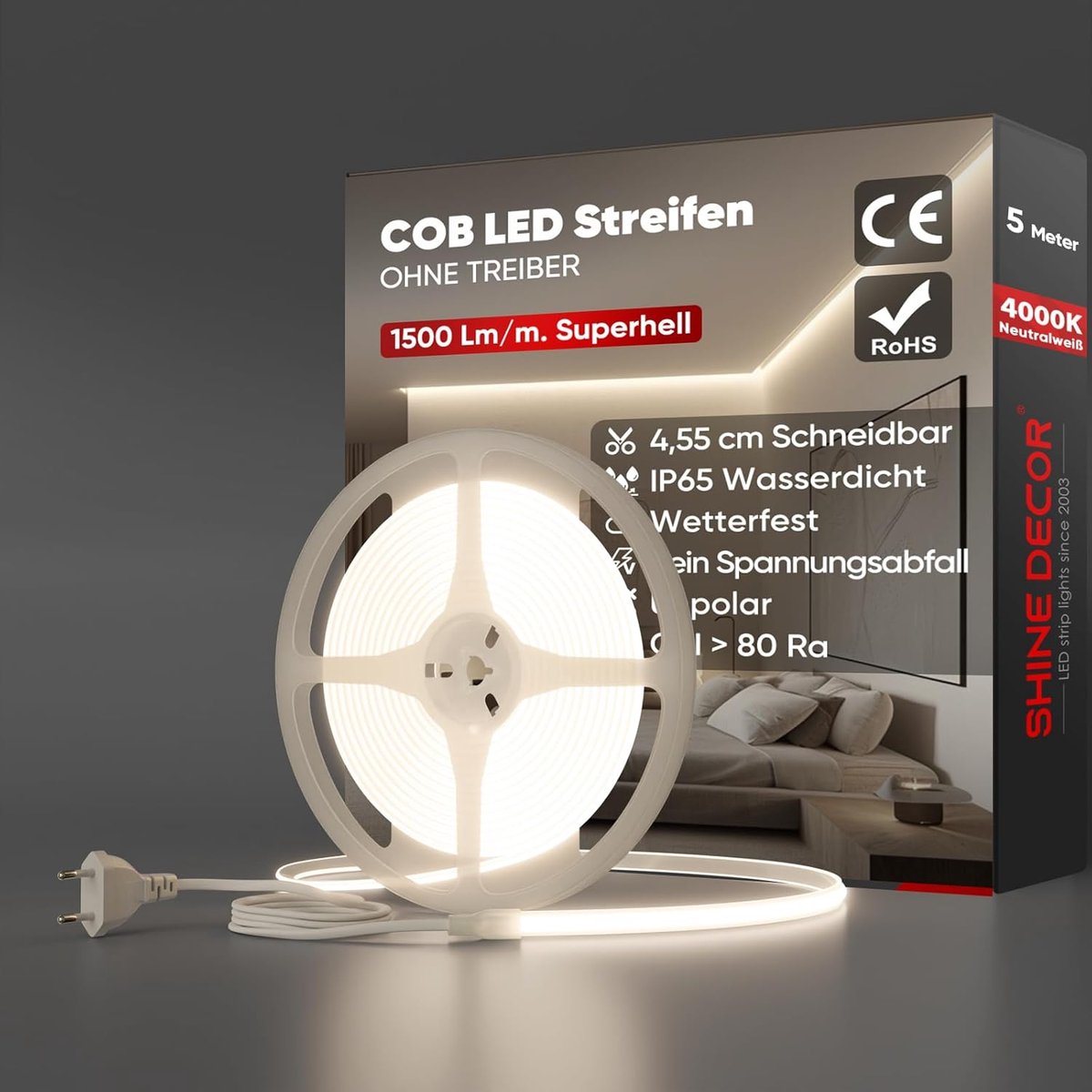 SnelShoppen - LED Strip 5m IP65 Waterproof SMD2025 286 LEDs/m Ultra Heldere COB Verlichting voor Keuken, Tuin en Feest, Neutraal Wit, CE Gecertificeer