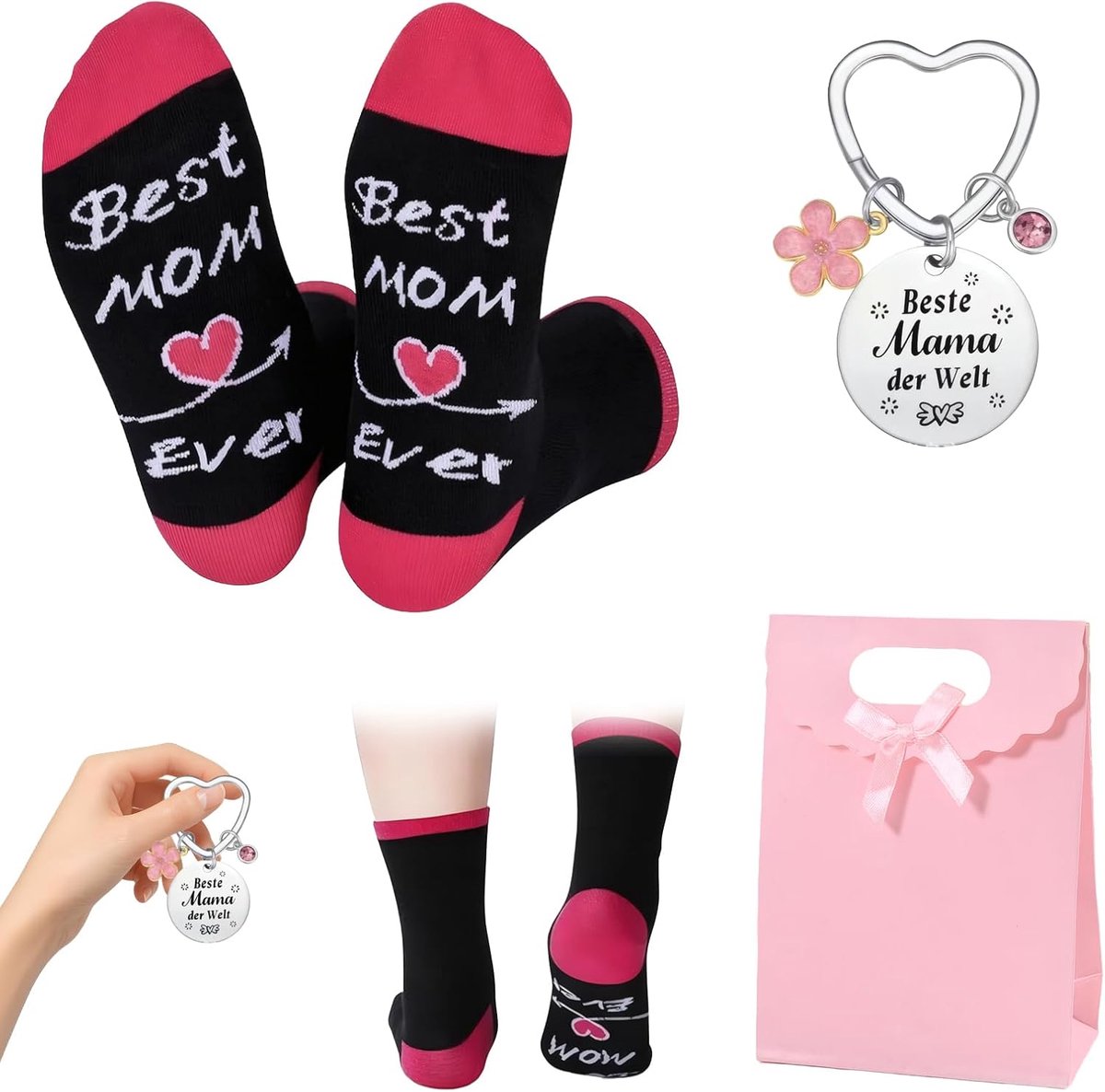 SnelShoppen - Mother Gift Set – Warm Katoenen Sokken Maat 36-44 + Sleutelhanger + Roze Cadeautas | Moederdag, Verjaardag, Kerst of Nieuwjaar
