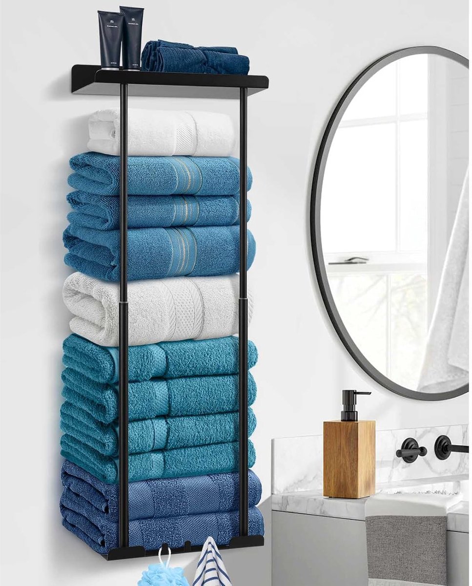 SnelShoppen - Wandmontage Handdoekhouder zonder Boren - Badkamer Handdoekrek - Verstelbare Capaciteit 38-75 cm - Elegante Zwarte Design - Ideaal voor