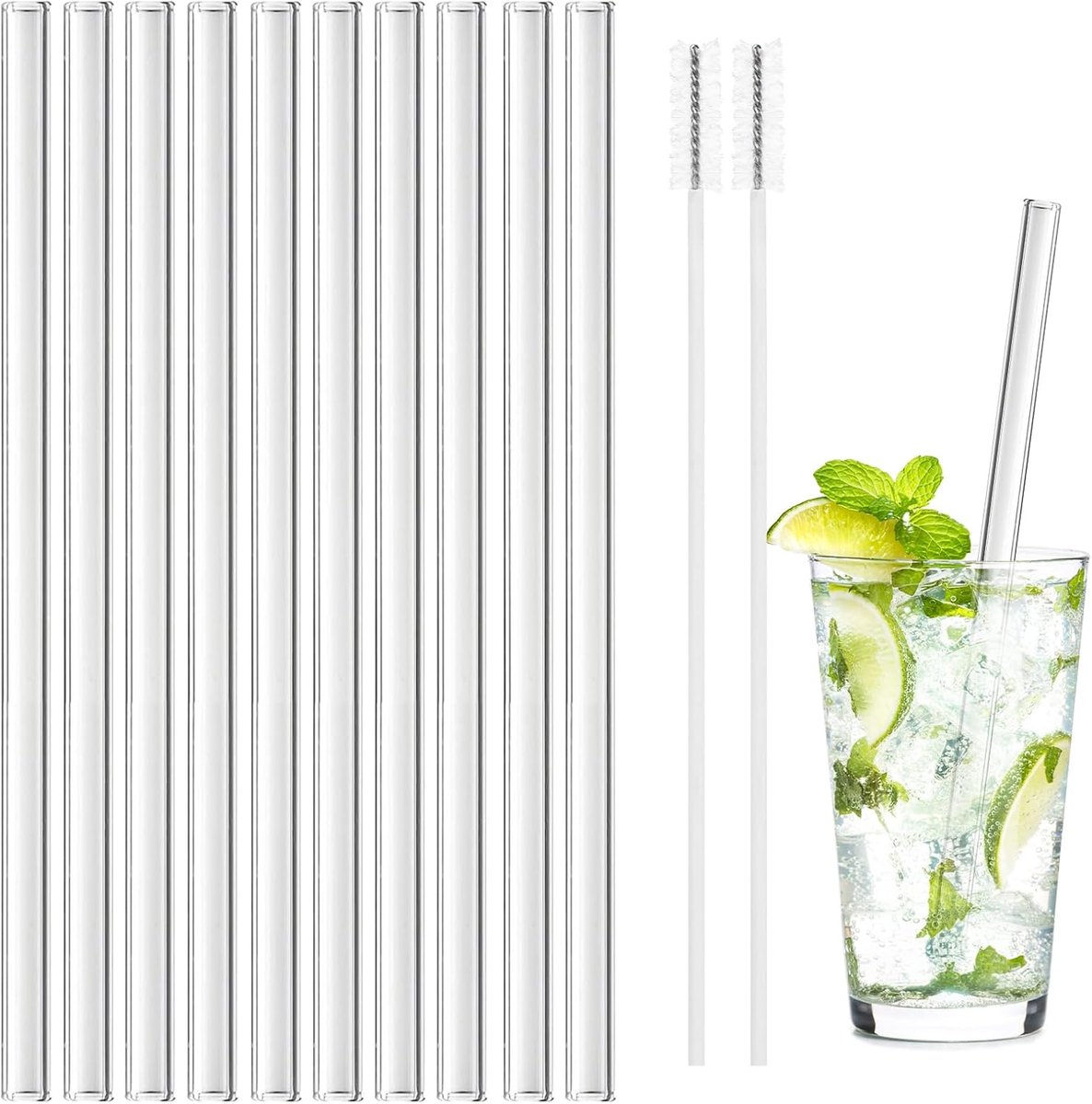 SnelShoppen - 10 Rechte Glas Straws met 2 Schoonmaakborstels | 20cm BPA Vrij | Herbruikbare Transparante Rietjes voor Cocktails en Fruit Juices | Perf