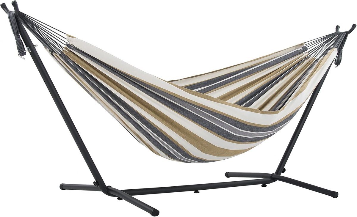 SnelShoppen - Cotton Hangmat met Standaard - 250 cm - Desert Moon - Voor 2 Personen - Perfect voor Tuin, Camping en Ontspanning - Hoogwaardige Katoen