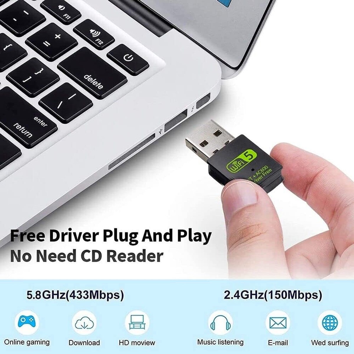SnelShoppen - Bluetooth Dongle USB Stick 600Mbps WLAN Adapter Dual Band 2.4GHz / 5GHz - PC WiFi Netwerkkaart voor Snelle Verbinding