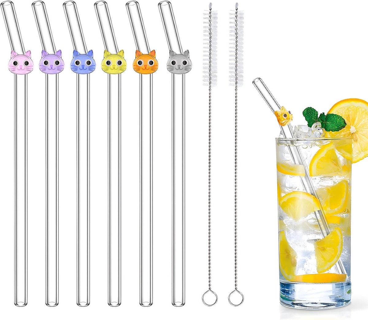 SnelShoppen - 6 Glazen Rietjes Herbruikbaar met Kattenbedels, Kleurrijk en Vaatwasmachinebestendig, Ideaal voor Verjaardagsfeestjes, Zomerstrand, Sap