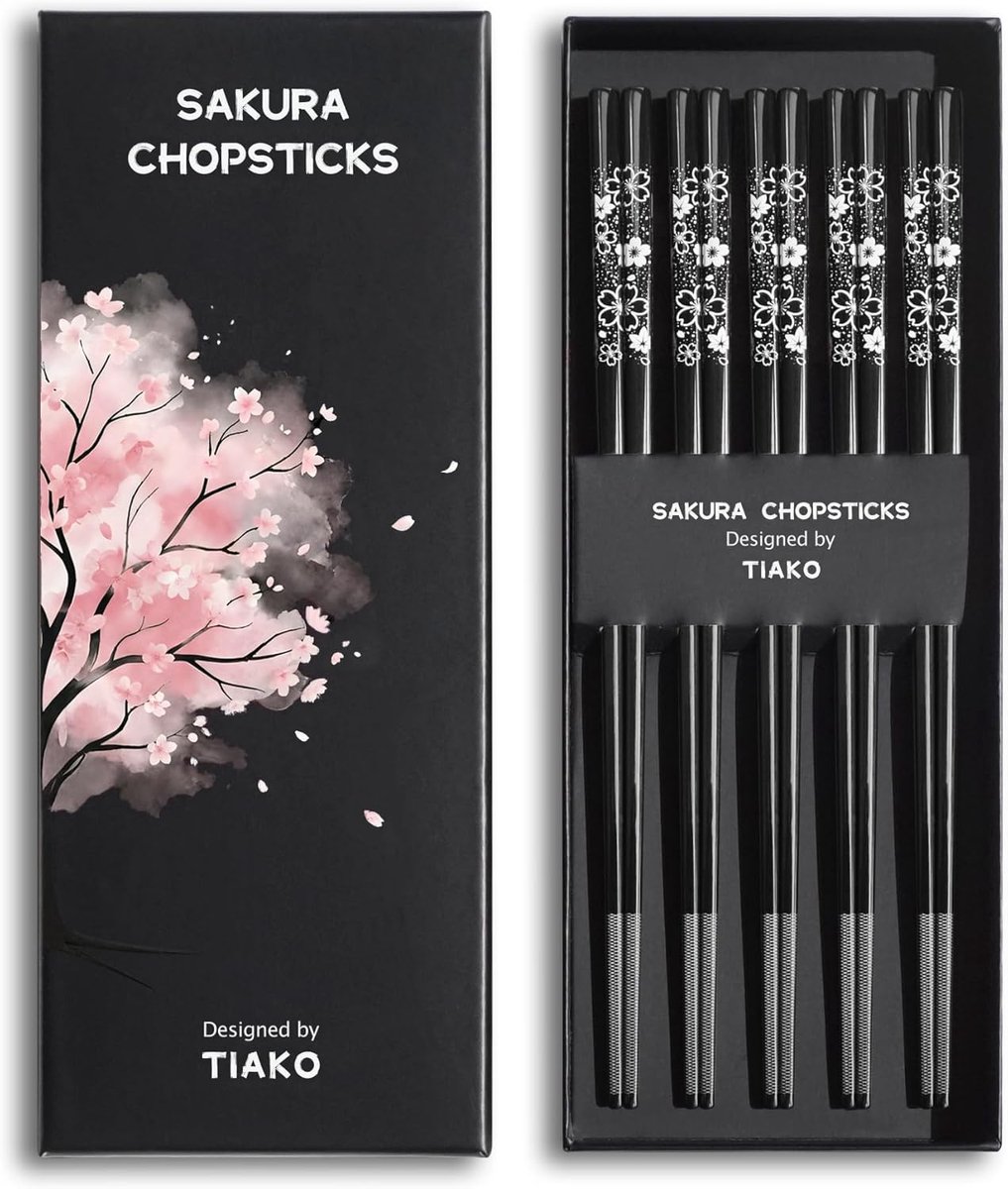 SnelShoppen - 5 Paar Zwarte Kersenbloesem Chopsticks Set - Premium 18/8 RVS - Elegante Geschenkdoos - Japanse Sakura Design voor Sushi, Aziatisch Eten