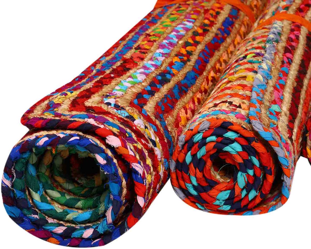 Rechthoekig jute vloerkleed – Handgemaakt boho tapijt van jute en katoen – Beige/bruin en kleurrijk – Esha