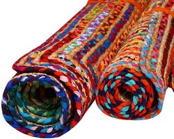 Rechthoekig jute vloerkleed – Handgemaakt boho tapijt van jute en katoen – Beige/bruin en kleurrijk – Esha