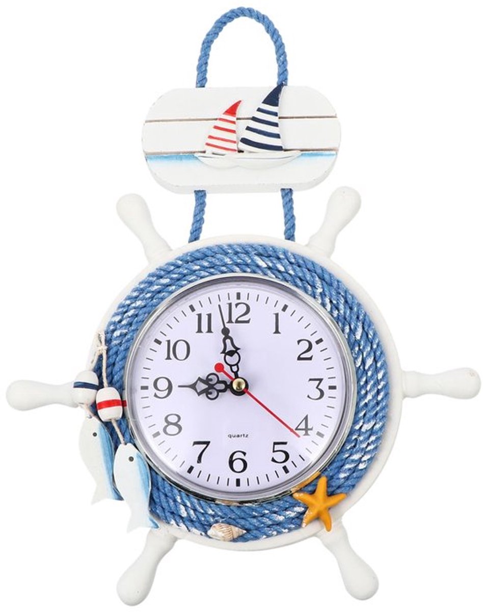 Unieke houten wandklok met nautisch thema in mediterrane stijl zonder batterijen